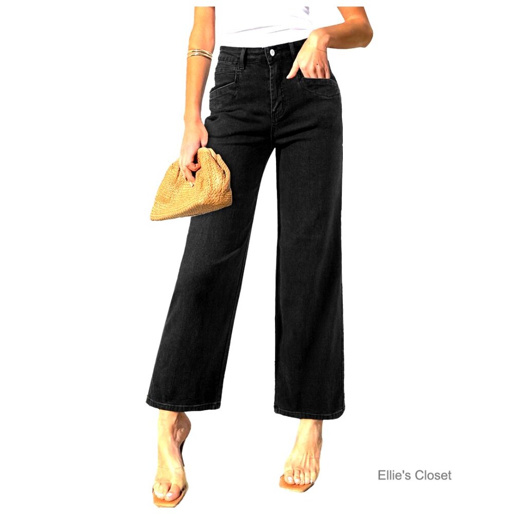 High Waisted Straight Leg Jeans with Stretch, Wide Leg Ankle Denim Pants